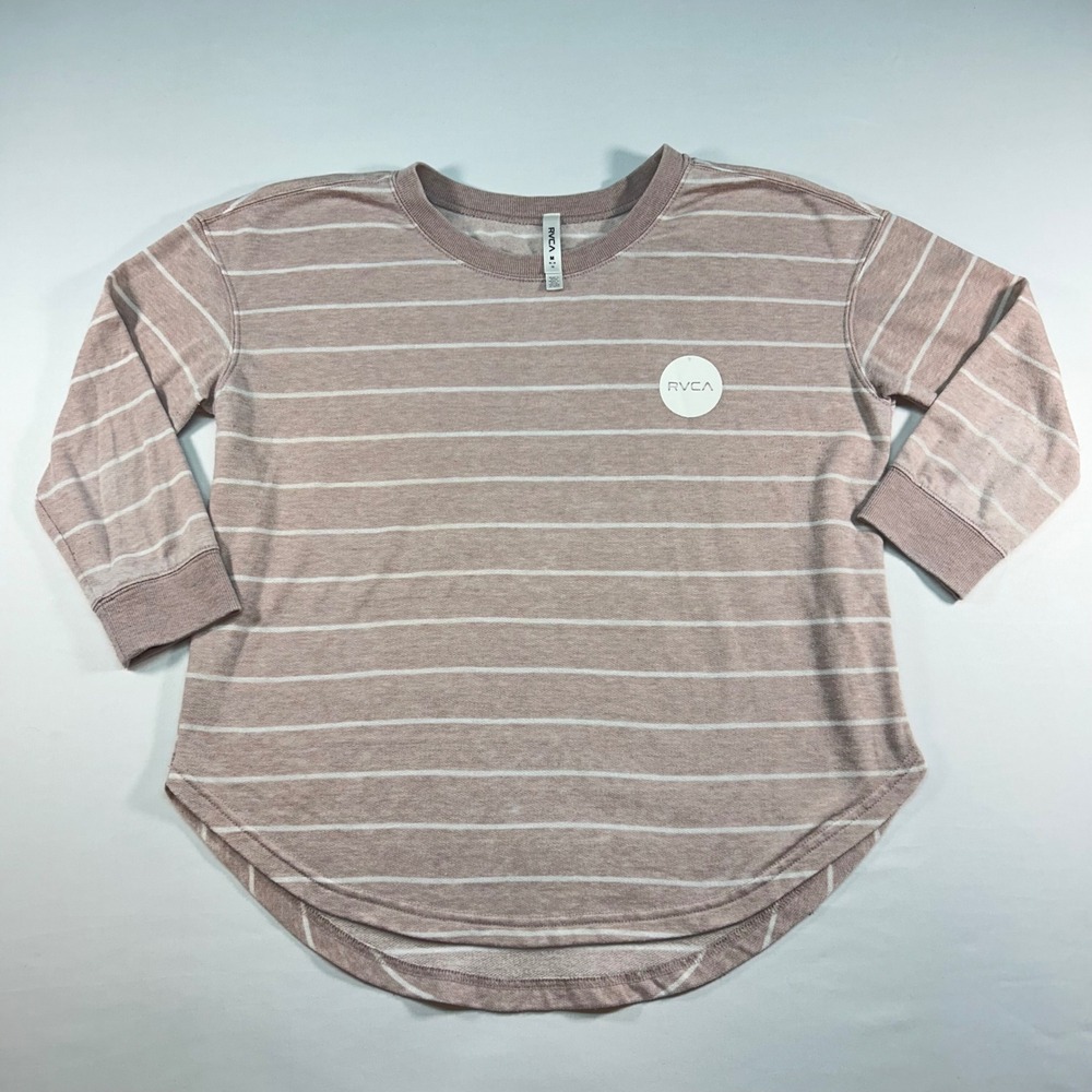 RVCA Womens Striped Long Sleeve Top Mauve Pink‎ White Size M Curved Hem Casual